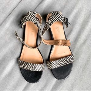 Black and White J Crew Flat Sandals.  Woven Details.  Side Buckle.